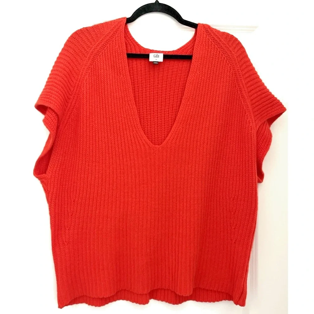 Cabi Orange Red Cotton Blend Chunky Knit Sweater Vest Size M Sleeveless V-Neck O